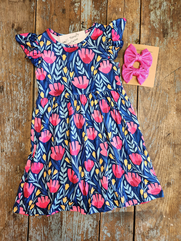 Kids Blue Floral Flutter Sleeve Dress