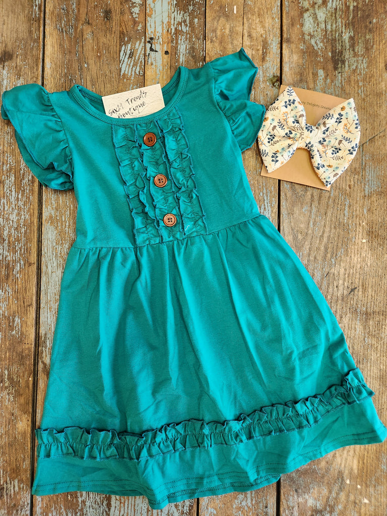 Kids Teal Ruffle Button Dress