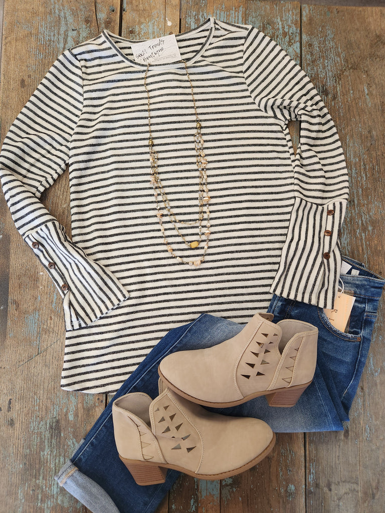 Oatmeal Stripe Button Sleeve Top