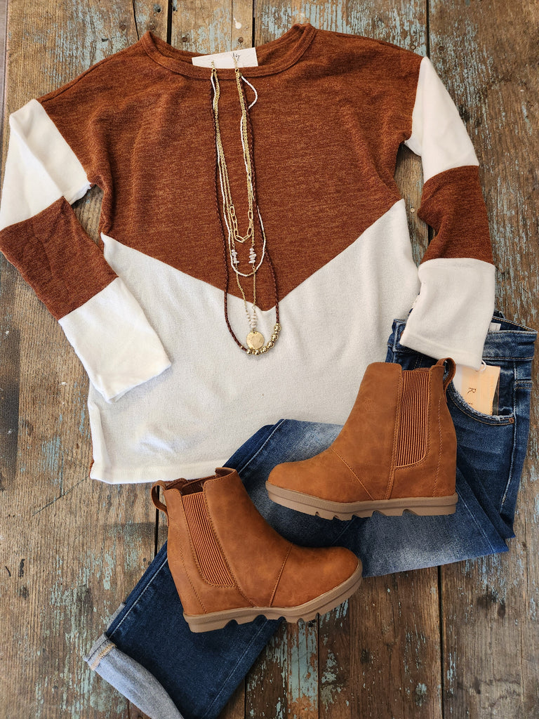 Brown Color Block Long Sleeve Top