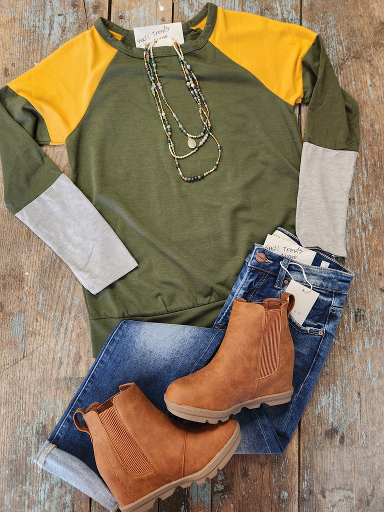 Olive Color Block Long Sleeve Top