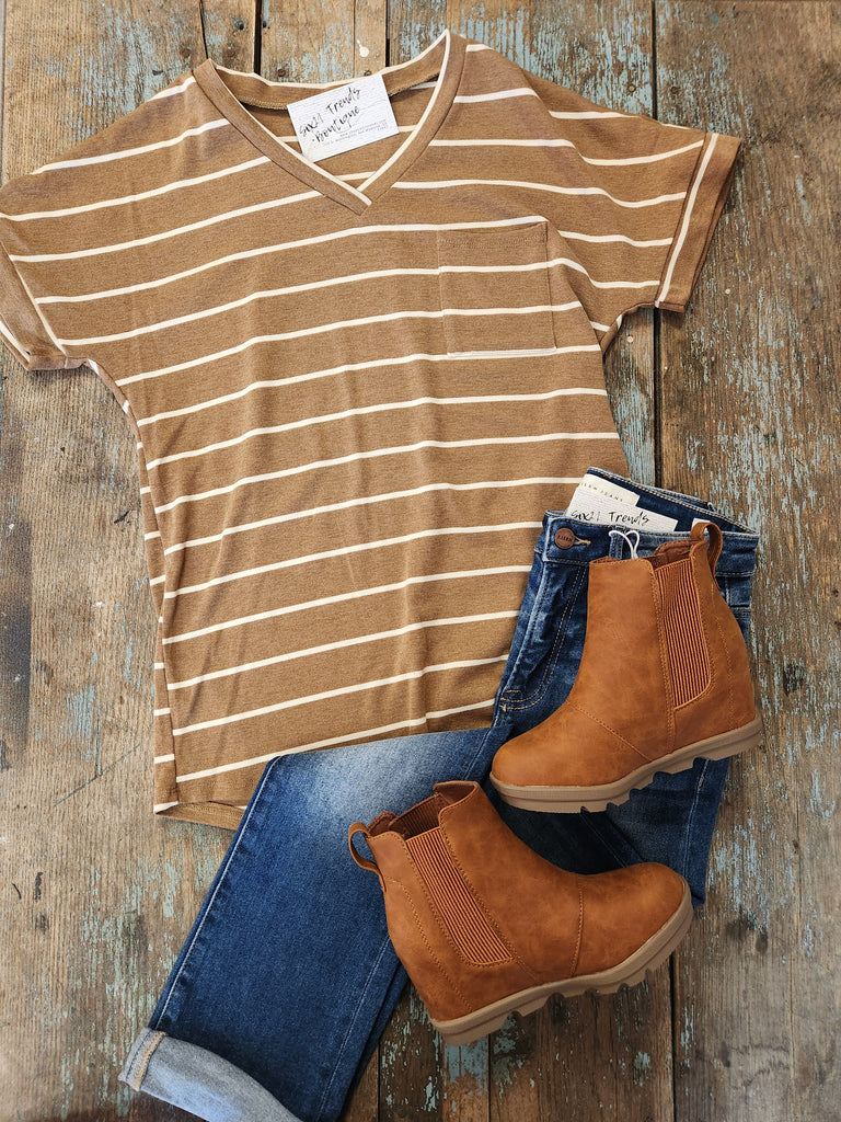 Brown Striped V-Neck Tee