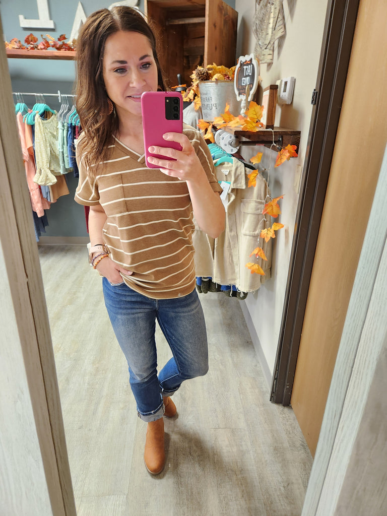 Brown Striped V-Neck Tee