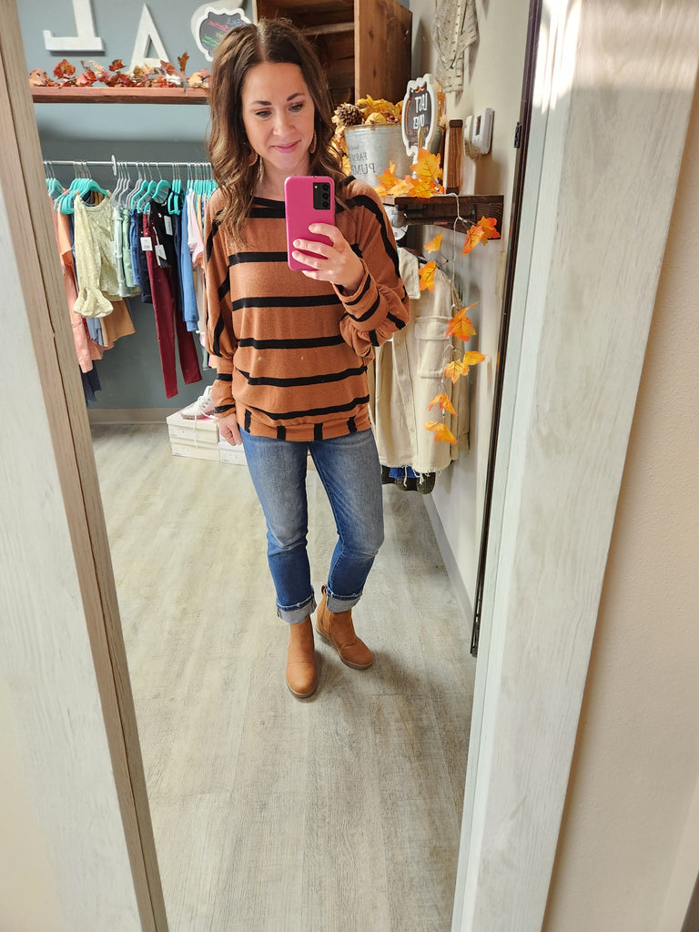 Soft Knit Camel Brushed Stripe Print Top