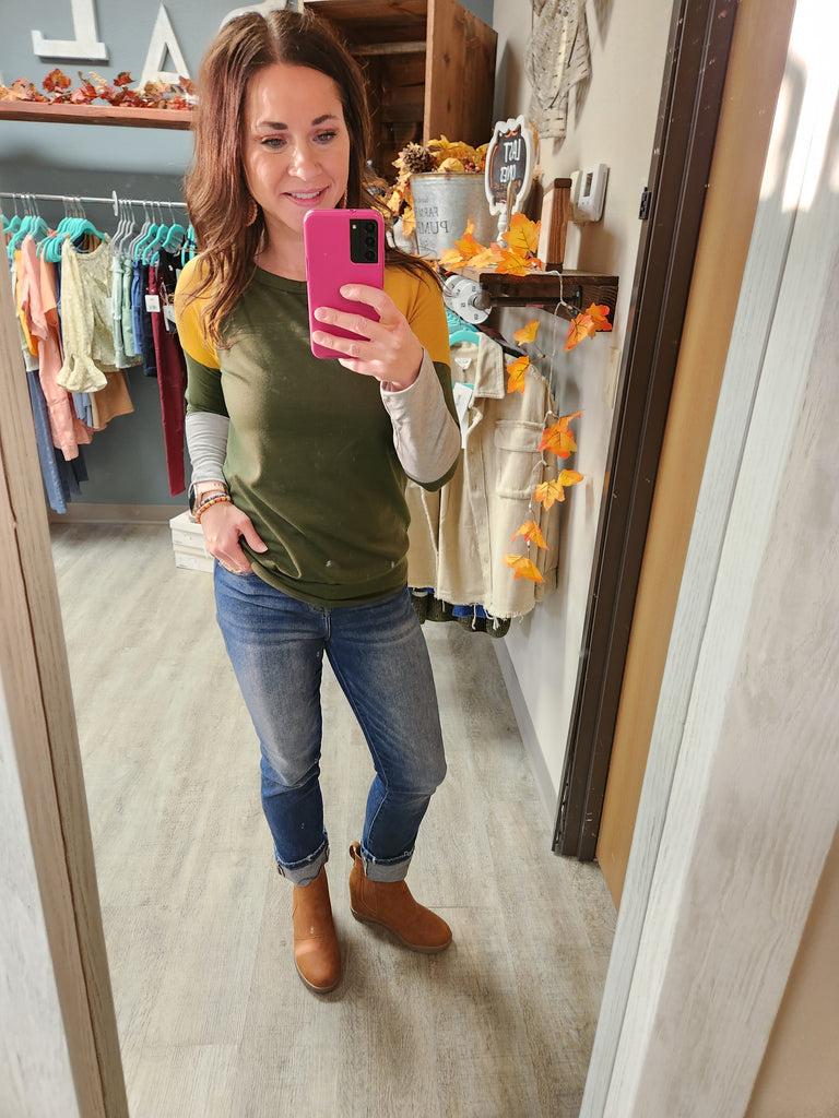 Olive Color Block Long Sleeve Top