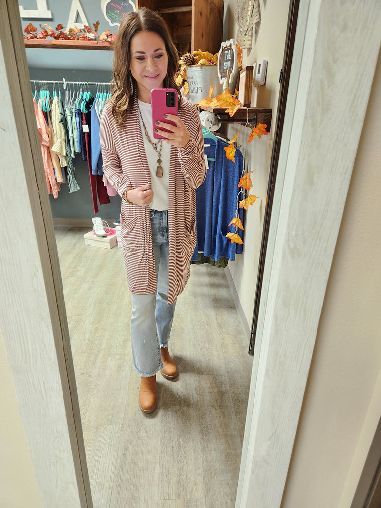 Mauve Striped Mid-Length Cardigan