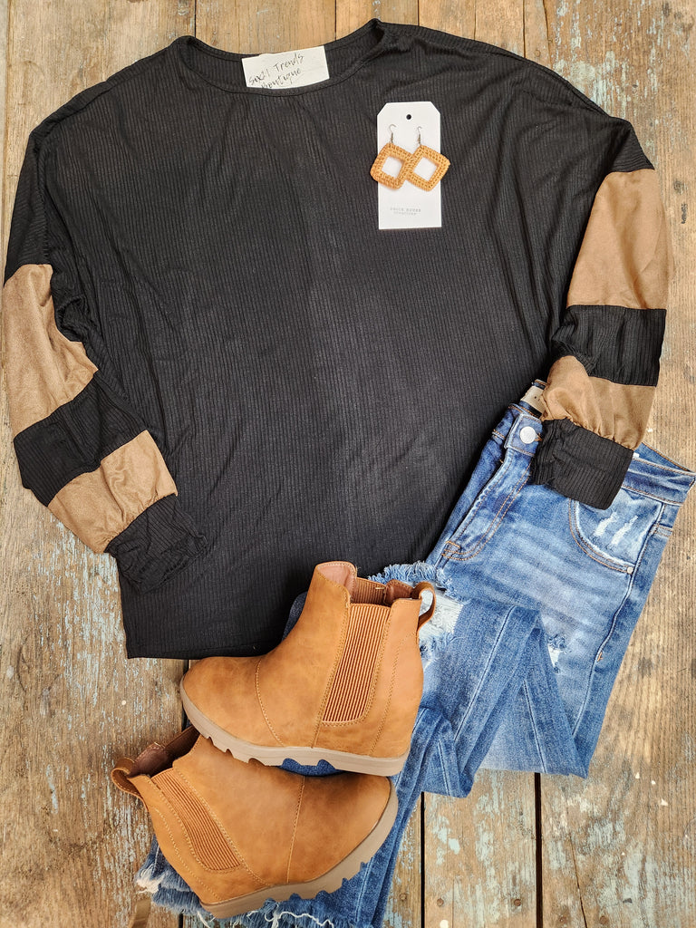 Black Dolman Sleeve With Suede Long Sleeve Top