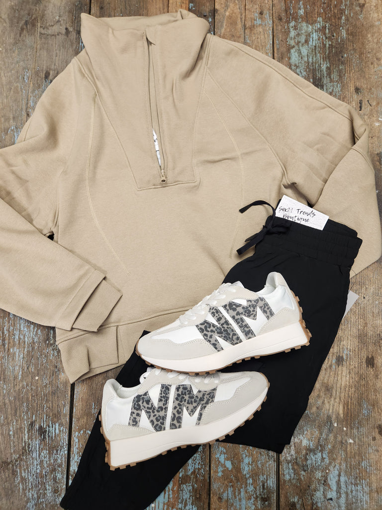 Khaki Half Zip Sweatshirt With Funnel Neck