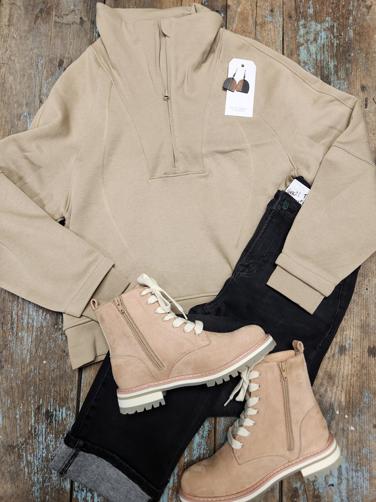 Khaki Half Zip Sweatshirt With Funnel Neck