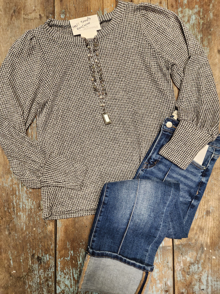 Grey Puff Sleeve Knit Top