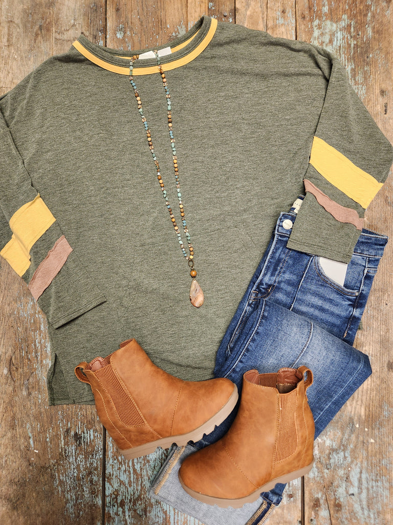 Olive Terry Top with Raw Edge