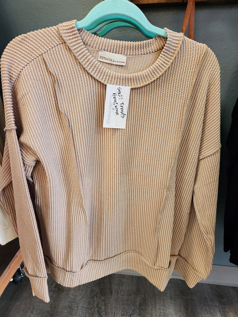 Corded Ribbed Long Sleeve Round Neck Pullover (Light Mocha)