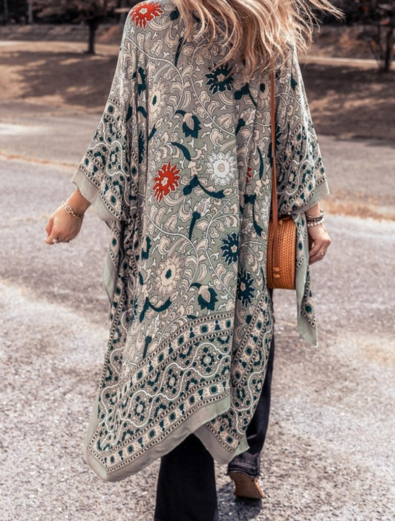 Green Floral Print Open Kimono