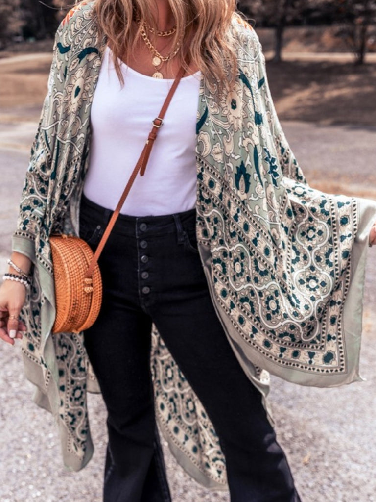 Green Floral Print Open Kimono