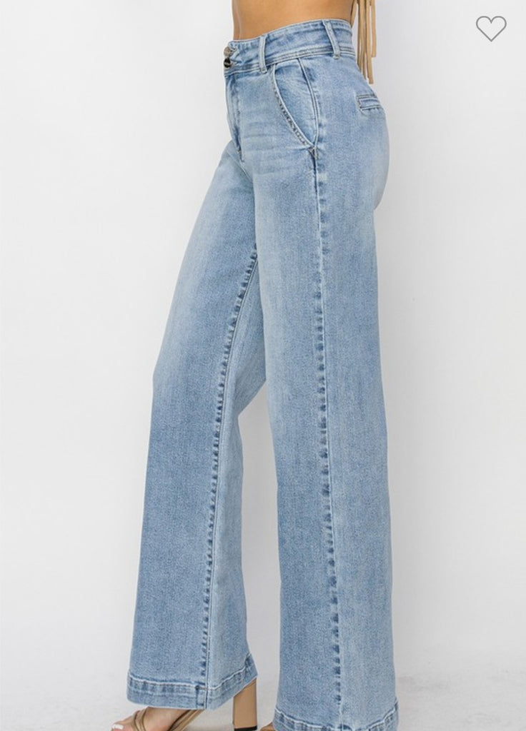 Risen High Rise Double Button Wide Jeans