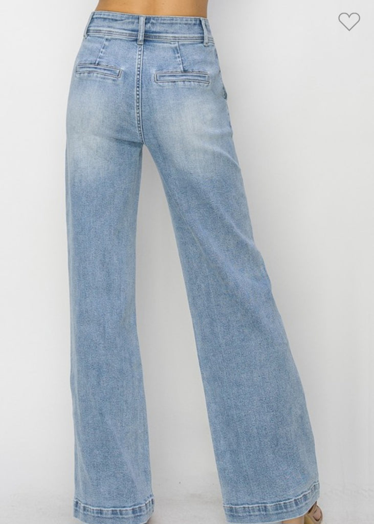 Risen High Rise Double Button Wide Jeans