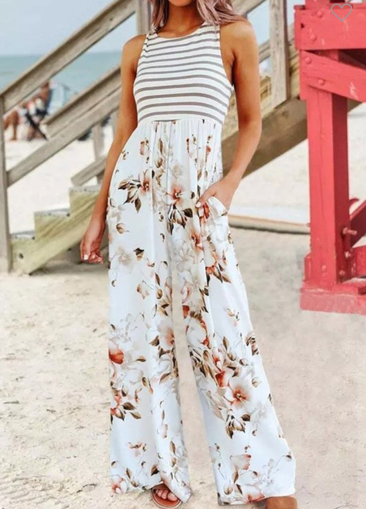 Striped Floral Pocket Sleeveless Jumpsuit