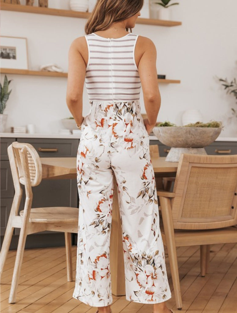 Striped Floral Pocket Sleeveless Jumpsuit