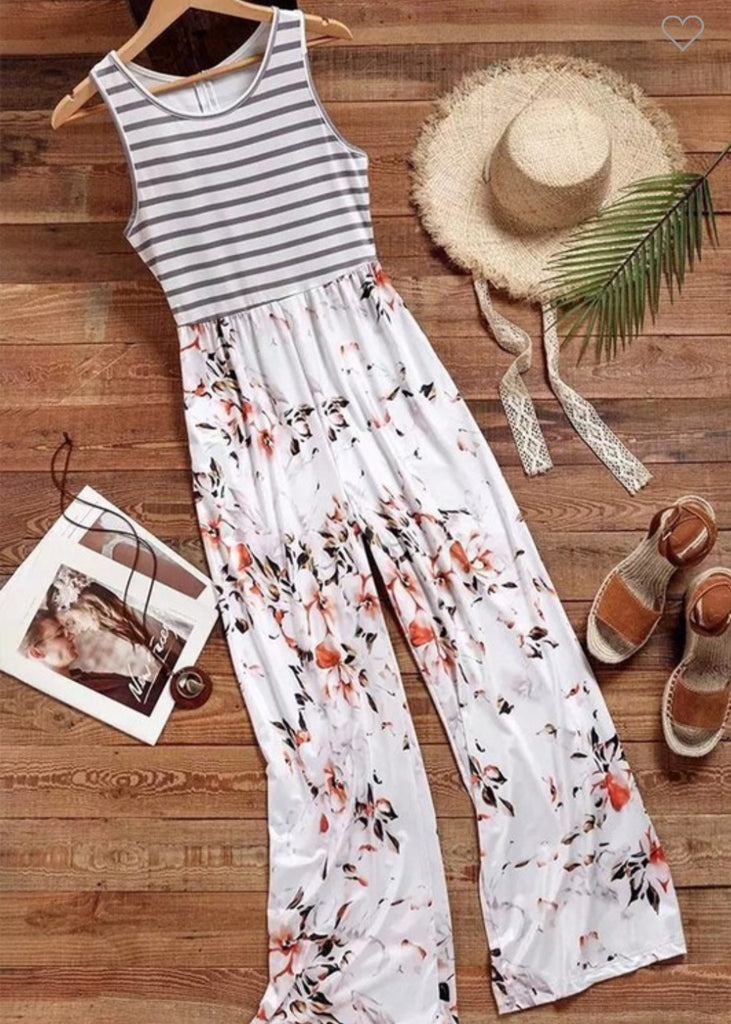 Striped Floral Pocket Sleeveless Jumpsuit