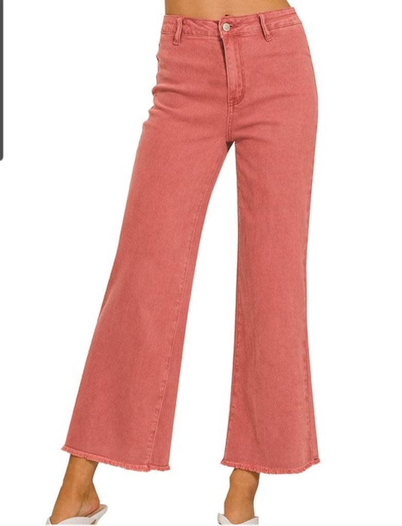 Acid Washed Frayed Cutoff Hem Straight Wide Pants (2 colors)