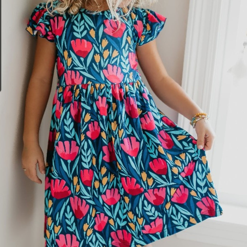 Kids Blue Floral Flutter Sleeve Dress