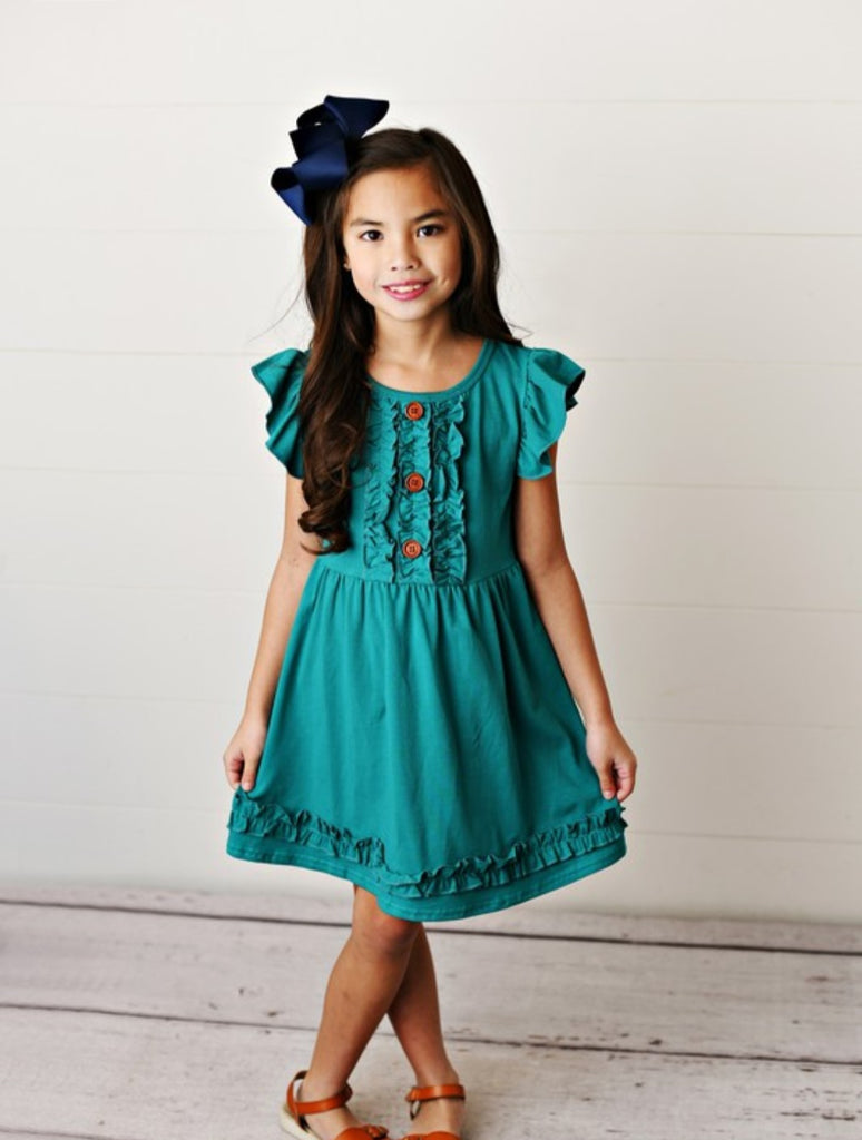 Kids Teal Ruffle Button Dress