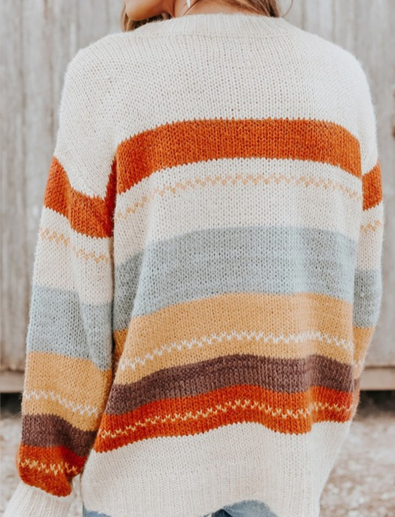 Drop-shoulder Striped Color Block Sweater