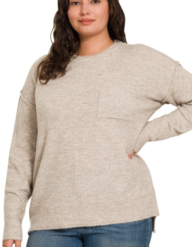 Curvy Heather Mocha Hi-low hem round neck sweater