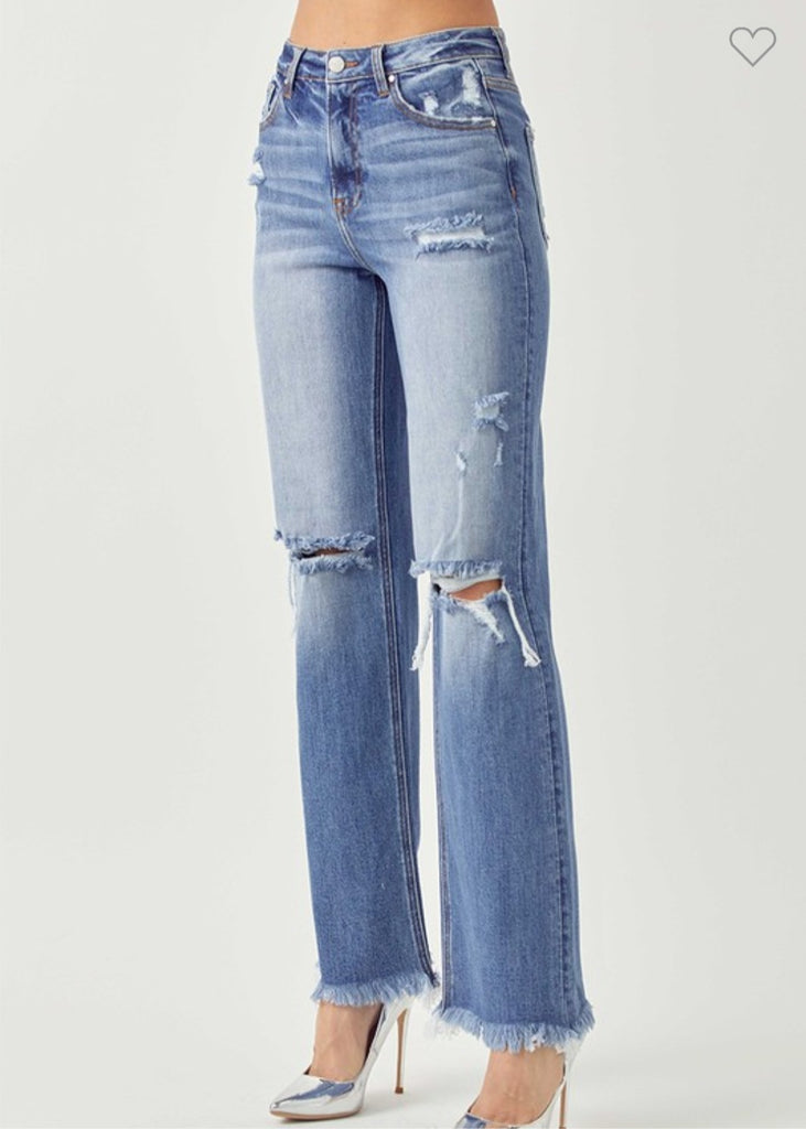 Risen Distressed High Rise Straight Jeans (Dark)