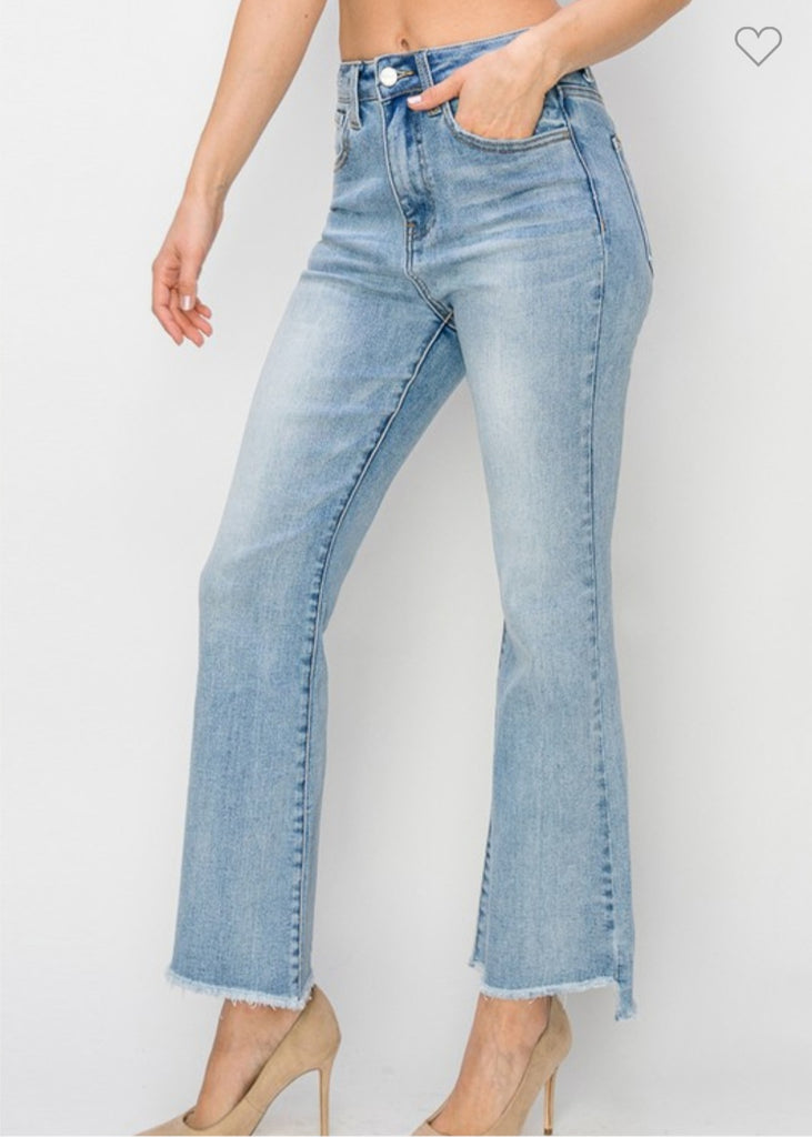 Risen High Rise Crop Flare Side Step Jeans (Light)