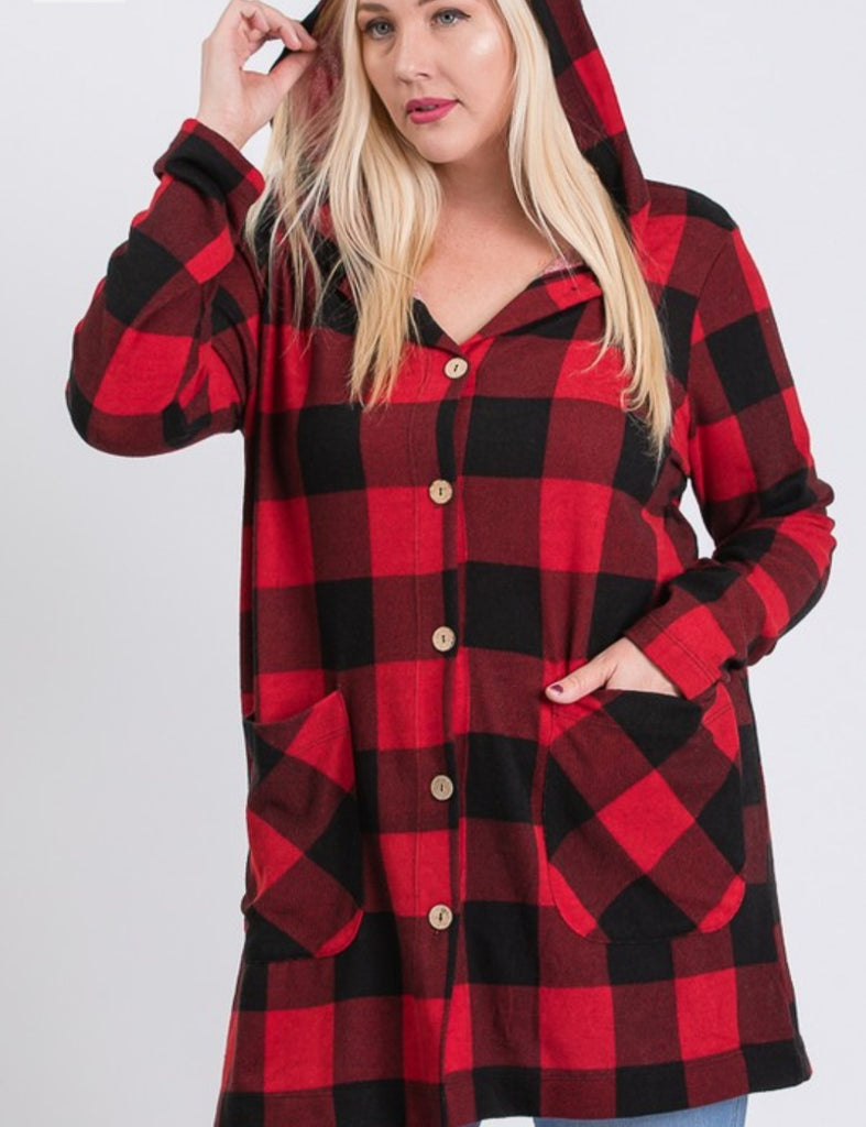 Curvy Red Buffalo Plaid Printed Hoodie Cardigan