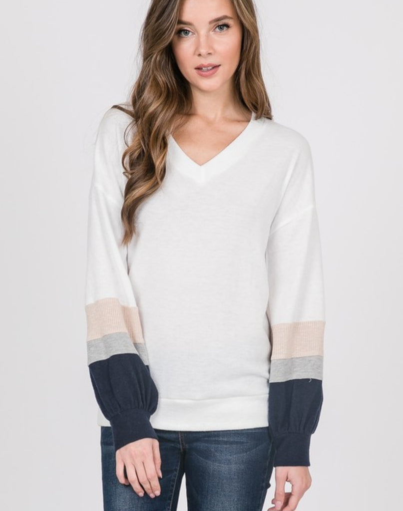 White Brushed Rib V-Neck Top