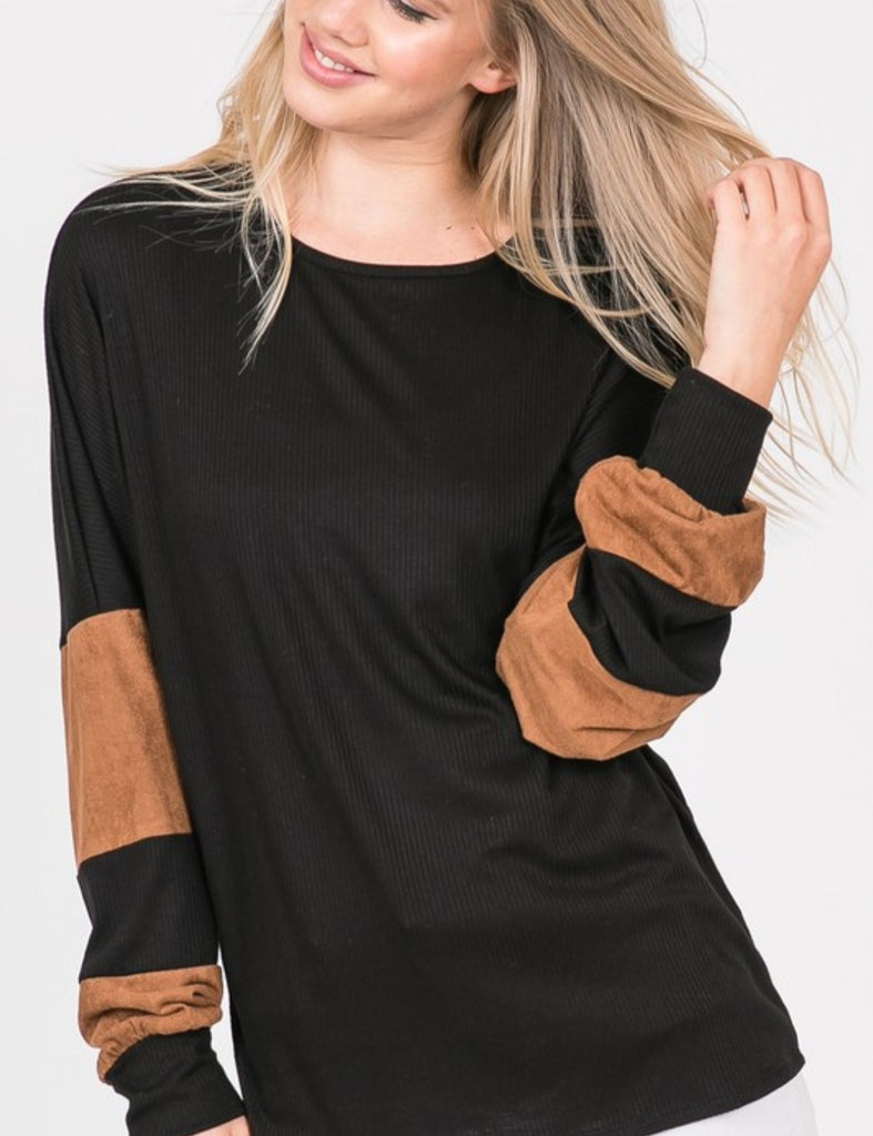 Black Dolman Sleeve With Suede Long Sleeve Top