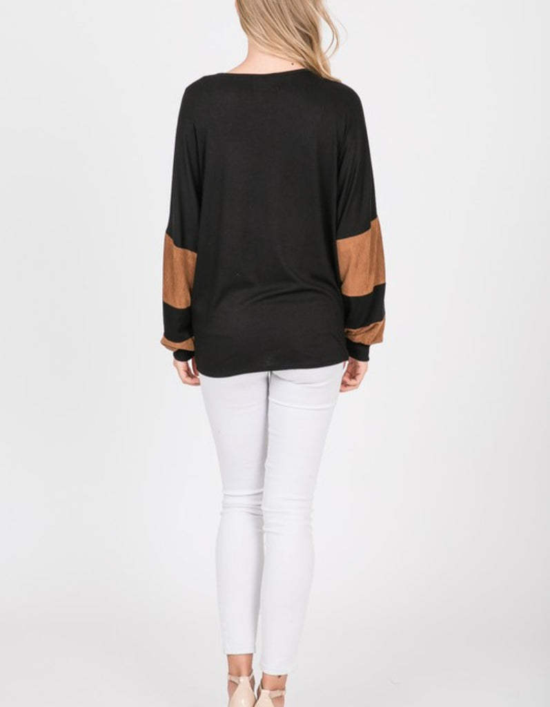 Black Dolman Sleeve With Suede Long Sleeve Top