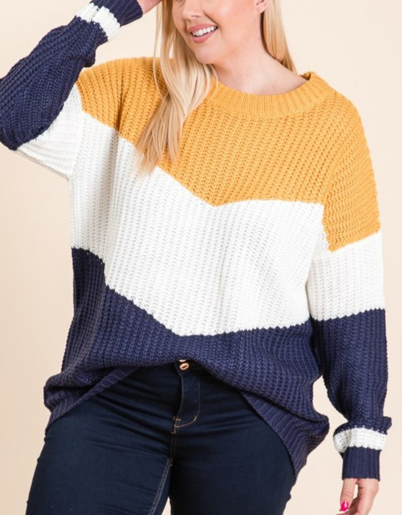 Curvy Mustard/Navy Chevron Sweater