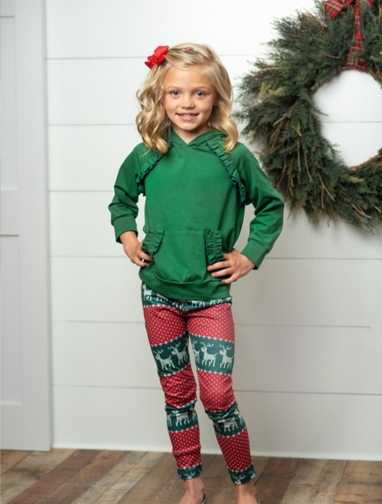 Girl's Reindeer Ruffle Hoodie &  Leggings Set