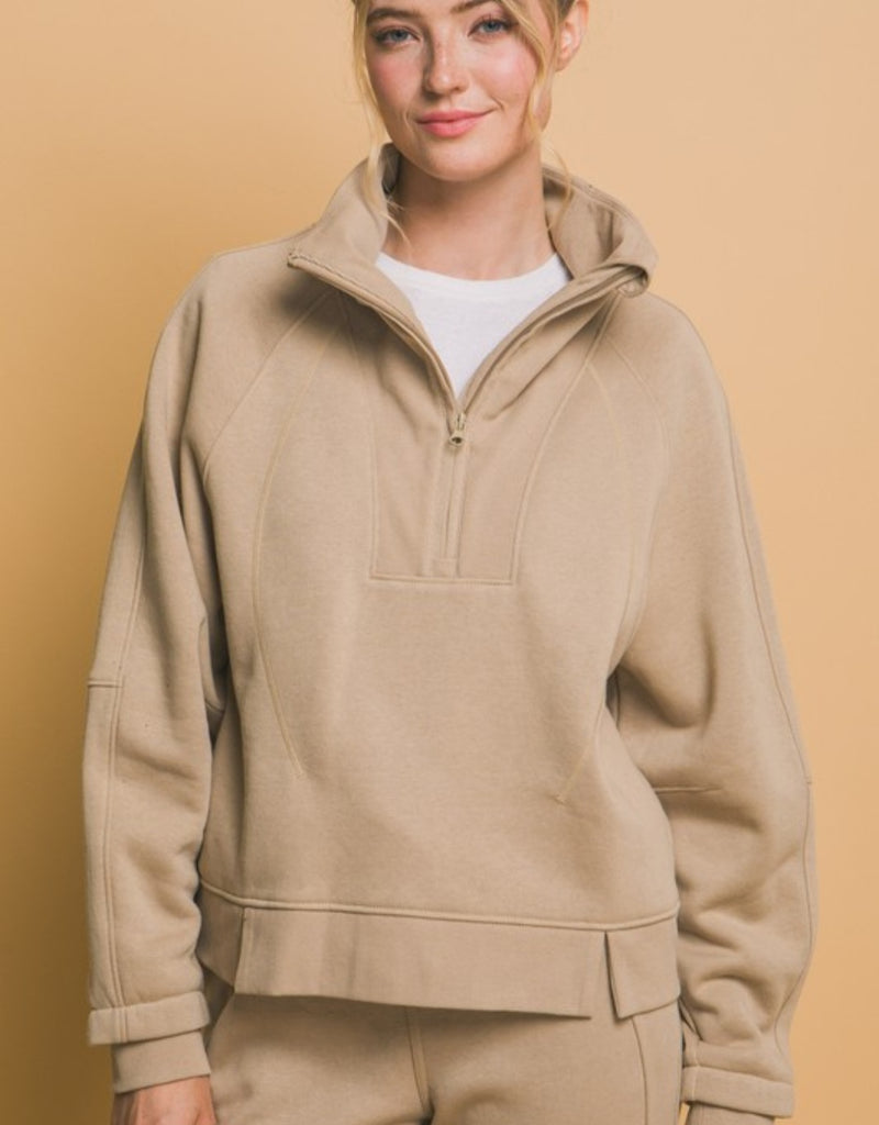 Khaki Half Zip Sweatshirt With Funnel Neck