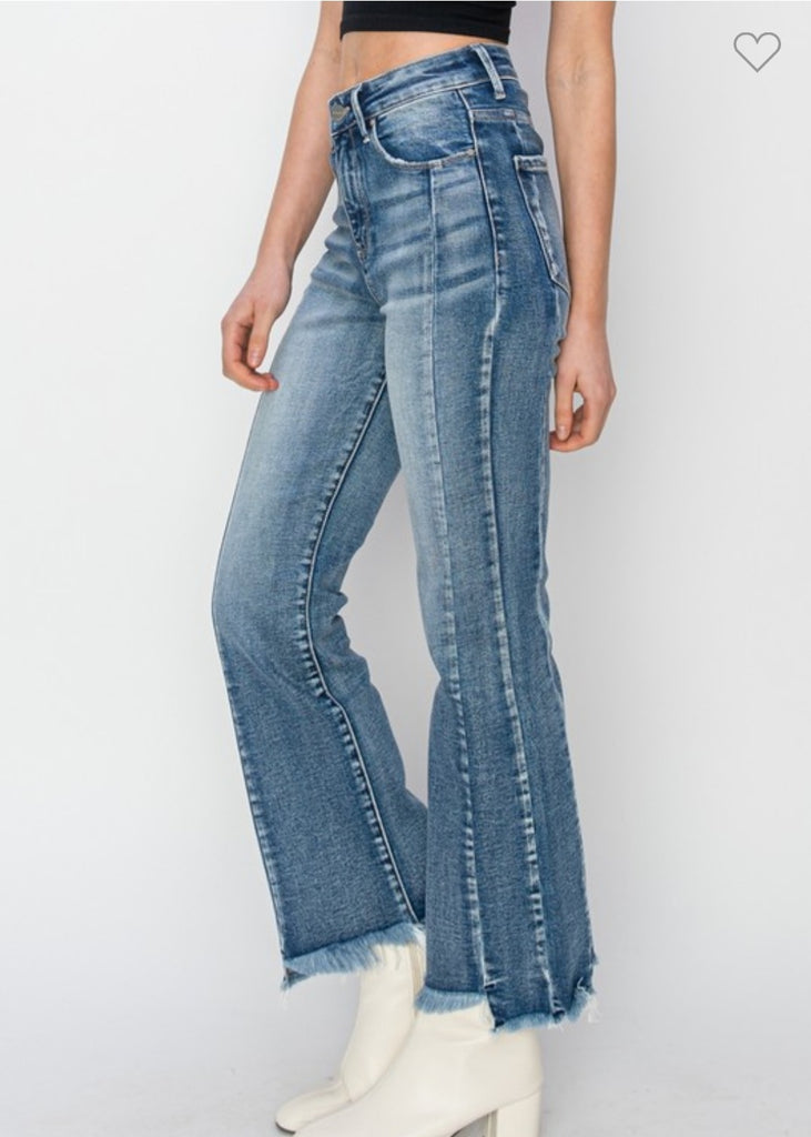 Risen High Rise Step Hem Ankle Flare Jeans