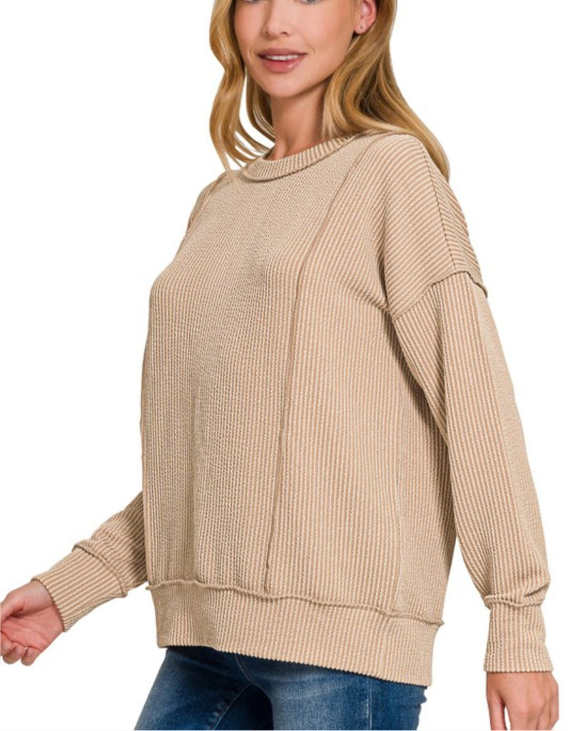 Corded Ribbed Long Sleeve Round Neck Pullover (Light Mocha)