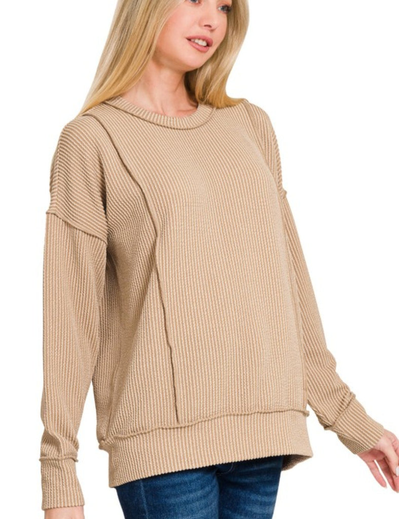 Corded Ribbed Long Sleeve Round Neck Pullover (Light Mocha)