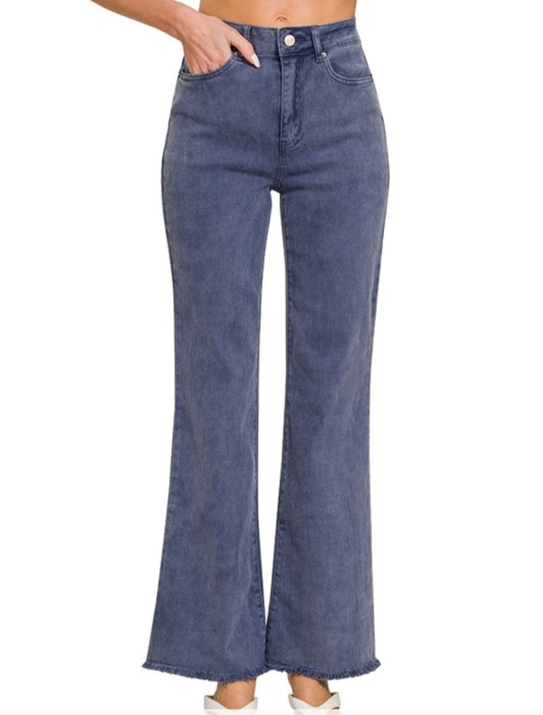 Acid Washed Frayed Cutoff Hem Straight Wide Pants (2 colors)