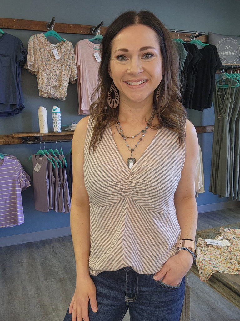 Blush/Grey Cinched Knit Stripe Top