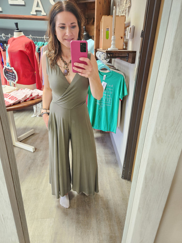 French Olive V-Neck Supplice Knit Jumpsuit