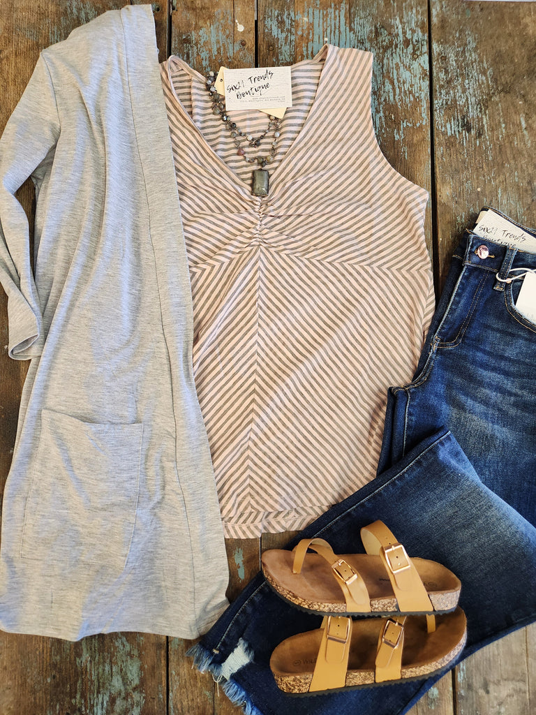 Blush/Grey Cinched Knit Stripe Top